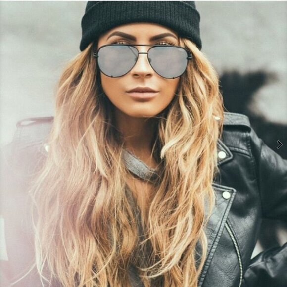 Quay Australia x Desi High Key Black Frame Silver Mirror Lens Aviator Sunglasses - Picture 6 of 16